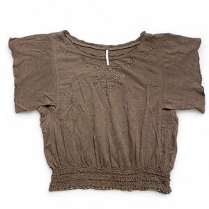 Free People Taupe Blouse with Embroidered Detail